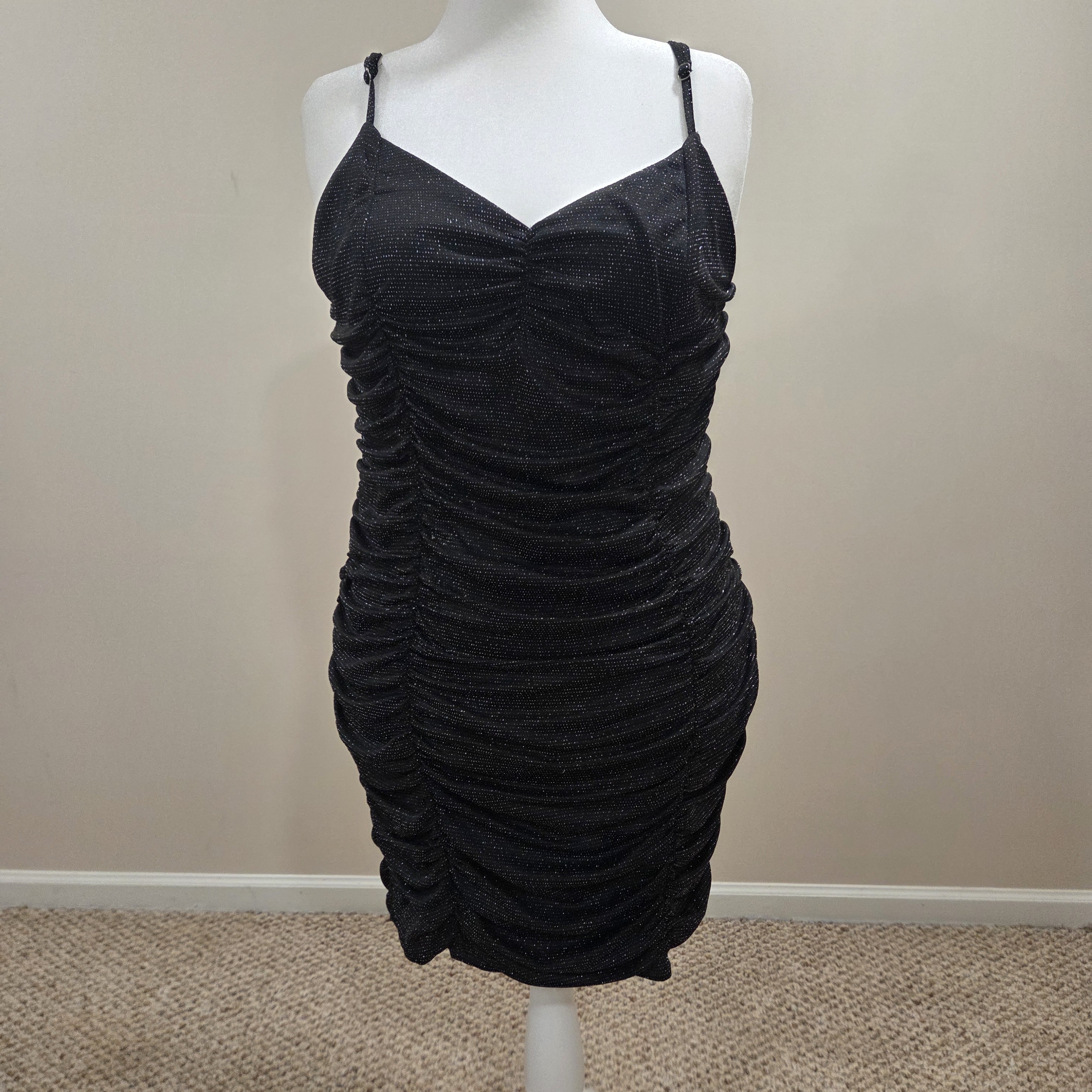 Sparkle Black Ruched Mini Dress With Adjustable Straps